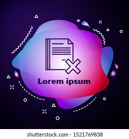 Purple line Delete file document icon isolated on dark blue background. Rejected document icon. Cross on paper. Abstract banner with liquid shapes. Vector Illustration