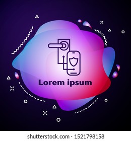 Purple line Digital door lock with wireless technology for lock icon isolated on dark blue background. Door handle sign. Security smart home. Abstract banner with liquid shapes. Vector Illustration