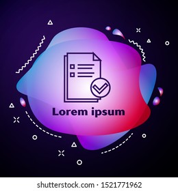 Purple line Document and check mark icon isolated on dark blue background. Checklist icon. Business concept. Abstract banner with liquid shapes. Vector Illustration