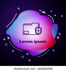 Purple line Document folder protection concept icon isolated on blue background. Confidential information and privacy idea, guard, shield. Abstract banner with liquid shapes. Vector Illustration