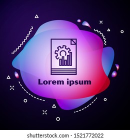 Purple line Document with graph chart icon isolated on dark blue background. Report text file icon. Accounting sign. Audit, analysis, planning. Abstract banner with liquid shapes. Vector Illustration