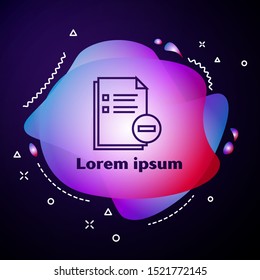 Purple line Document with minus icon isolated on dark blue background. Clear document. Remove file document. Delete information file. Abstract banner with liquid shapes. Vector Illustration