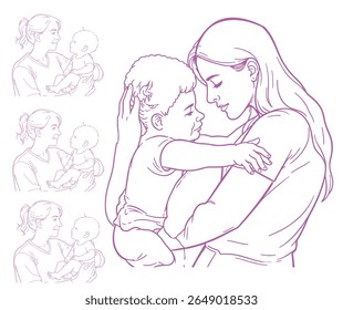 A purple line drawing depicts a mother lovingly holding her child, with smaller, similar images in the background.