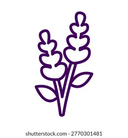 A purple line drawing of two lavender stalks with leaves