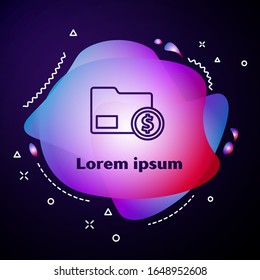 Purple line Envelope with coin dollar symbol icon isolated on blue background. Salary increase, money payroll, compensation income. Abstract banner with liquid shapes. Vector Illustration