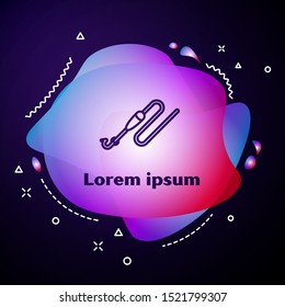 Purple line Fishing line with hook and float icon isolated on dark blue background. Fishing tackle. Abstract banner with liquid shapes. Vector Illustration
