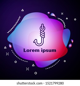 Purple line Fishing hook icon isolated on dark blue background. Fishing tackle. Abstract banner with liquid shapes. Vector Illustration