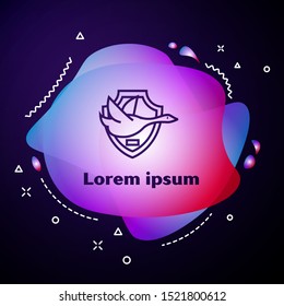 Purple line Flying duck on shield icon isolated on dark blue background. Hunting trophy on wall. Abstract banner with liquid shapes. Vector Illustration Purple line Flying duck on shield icon isolated on dark blue background. Hunting trophy on wall. Abstract banner with liquid shapes. Vector Illustration