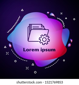 Purple line Folder settings with gears icon isolated on dark blue background. Software update, transfer protocol, teamwork tool management. Abstract banner with liquid shapes. Vector Illustration