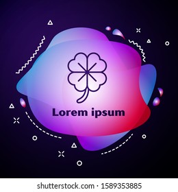 Purple line Four leaf clover icon isolated on blue background. Happy Saint Patrick day. Abstract banner with liquid shapes. Vector Illustration