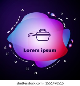 Purple line Frying pan icon isolated on blue background. Fry or roast food symbol. Abstract banner with liquid shapes. Vector Illustration