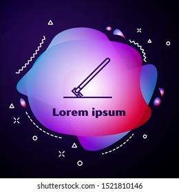 Purple line Garden rake in work icon isolated on dark blue background. Tool for horticulture, agriculture, farming. Ground cultivator. Abstract banner with liquid shapes. Vector Illustration