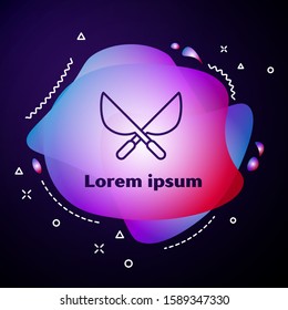 Purple line Gardening handmade scissors for trimming icon isolated on blue background. Pruning shears with wooden handles. Abstract banner with liquid shapes. Vector Illustration
