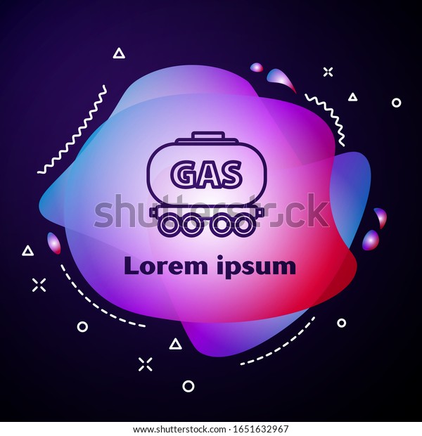 Purple line Gas\
railway cistern icon isolated on blue background. Train gasoline\
tank on railway car. Rail freight. Abstract banner with liquid\
shapes. Vector\
Illustration