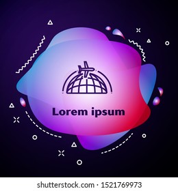 Purple line Globe with flying plane icon isolated on dark blue background. Airplane fly around the planet earth. Aircraft world icon. Abstract banner with liquid shapes. Vector Illustration