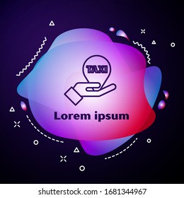 Purple line Hand on map pointer with taxi icon isolated on blue background. Location symbol. Abstract banner with liquid shapes. Vector Illustration