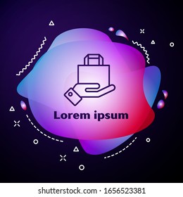 Purple line Hand and paper shopping bag icon isolated on blue background. Package sign. Abstract banner with liquid shapes. Vector Illustration