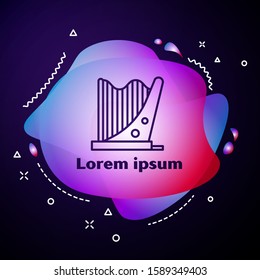 Purple line Harp icon isolated on blue background. Classical music instrument, orhestra string acoustic element. Abstract banner with liquid shapes. Vector Illustration