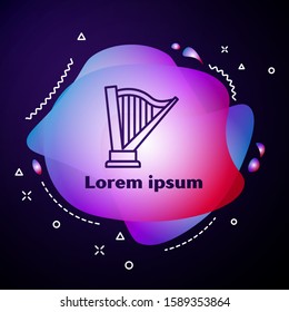 Purple line Harp icon isolated on blue background. Classical music instrument, orhestra string acoustic element. Abstract banner with liquid shapes. Vector Illustration