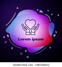 Purple line Heart on hand icon isolated on blue background. Hand giving love symbol. Valentines day symbol. Abstract banner with liquid shapes. Vector Illustration