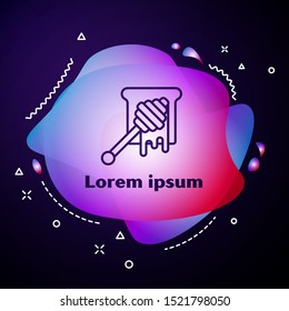 Purple line Honey dipper stick with dripping honey icon isolated on dark blue background. Honey ladle. Abstract banner with liquid shapes. Vector Illustration