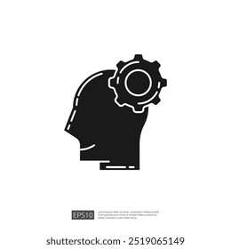 Purple line icon of a human head with a gear on top representing brainwork and problem solving. Vector illustration.