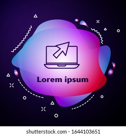 Purple line Laptop and cursor icon isolated on blue background. Computer notebook with empty screen sign. Abstract banner with liquid shapes. Vector Illustration