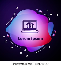 Purple line Laptop with house temperature icon isolated on dark blue background. Thermometer icon. Abstract banner with liquid shapes. Vector Illustration