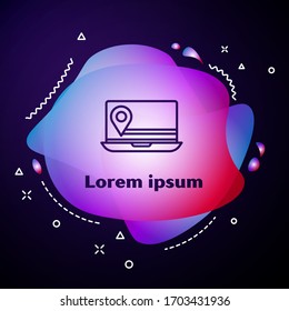 Purple line Laptop with location marker icon isolated on blue background. Abstract banner with liquid shapes. Vector Illustration