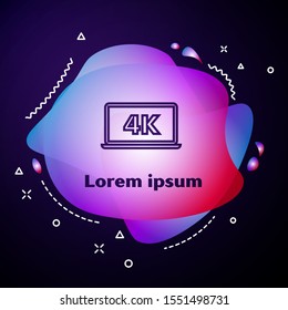 Purple line Laptop screen with 4k video technology icon isolated on dark blue background. Abstract banner with liquid shapes. Vector Illustration