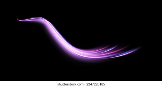 Línea púrpura con efecto luminoso. Ondas violetas dinámicas con pequeños detalles sobre un fondo transparente. efecto bokeh. Polvo morado. El polvo de las chispas moradas y las estrellas brilla con una luz especial. Vector.