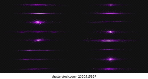 La luz de la línea púrpura brilla con brillo y brillo. Efecto de raya de neón violeta horizontal aislado sobre fondo transparente. Divisor de bandas láser de flash mágico con ilustración de diseño de destellos de brillo