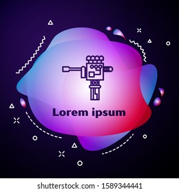 Purple line Mechanical robot hand and screwdriver tool icon isolated on blue background. Robotic arm symbol. Technological concept. Abstract banner with liquid shapes. Vector Illustration