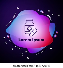 Purple line Medicine bottle and pills icon isolated on dark blue background. Bottle pill sign. Pharmacy design. Abstract banner with liquid shapes. Vector Illustration