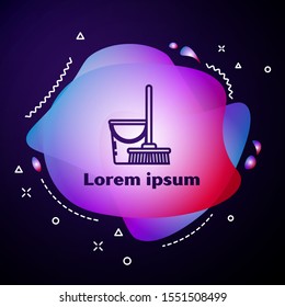 Purple line Mop and bucket icon isolated on dark blue background. Cleaning service concept. Abstract banner with liquid shapes. Vector Illustration