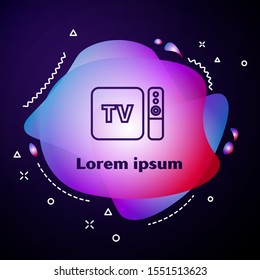 Purple line Multimedia and TV box receiver and player with remote controller icon isolated on dark blue background. Abstract banner with liquid shapes. Vector Illustration