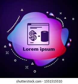 Purple line Online casino chips exchange on stacks of dollars icon isolated on dark blue background. Abstract banner with liquid shapes. Vector Illustration