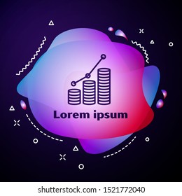 Purple line Pie chart infographic and coin icon isolated on dark blue background. Diagram chart sign.  Abstract banner with liquid shapes. Vector Illustration