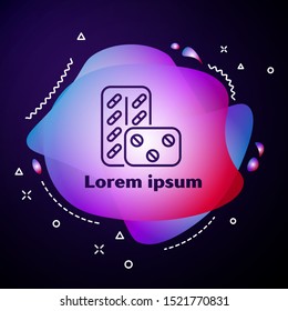 Purple line Pills in blister pack icon isolated on dark blue background. Medical drug package for tablet: vitamin, antibiotic, aspirin. Abstract banner with liquid shapes. Vector Illustration