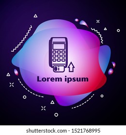 Purple line Pos terminal with inserted credit card icon isolated on dark blue background. Payment terminal transaction. Pay by card. Abstract banner with liquid shapes. Vector Illustration