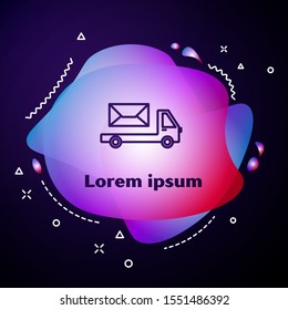 Purple line Post truck icon isolated on blue background. Mail car. Vehicle truck transport with envelope or letter. Abstract banner with liquid shapes. Vector Illustration
