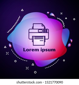 Purple line Printer icon isolated on dark blue background. Abstract banner with liquid shapes. Vector Illustration