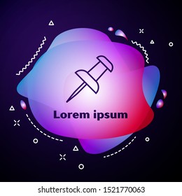 Purple line Push pin icon isolated on dark blue background. Thumbtacks sign. Abstract banner with liquid shapes. Vector Illustration
