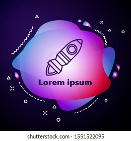 Purple line Rocket ship with fire icon isolated on dark blue background. Space travel. Abstract banner with liquid shapes. Vector Illustration