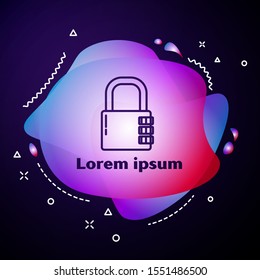 Purple line Safe combination lock icon isolated on blue background. Combination padlock. Security, safety, protection, password, privacy. Abstract banner with liquid shapes. Vector Illustration