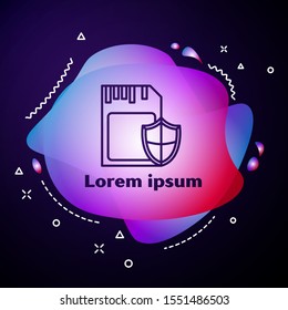 Purple line SD card and shield icon isolated on blue background. Memory card. Adapter icon. Security, safety, protection, privacy concept. Abstract banner with liquid shapes. Vector Illustration