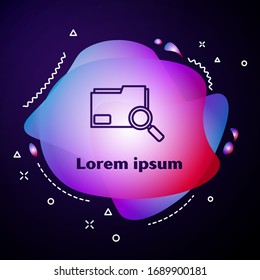 Purple line Search concept with folder icon isolated on blue background. Magnifying glass and document. Data and information sign. Abstract banner with liquid shapes. Vector Illustration