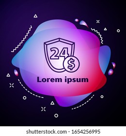 Escudo de línea púrpura con símbolo dólar aislado en fondo azul. Protección del escudo de seguridad. Concepto de seguridad monetaria. Pancarta abstracta con formas líquidas.  Ilustración vectorial