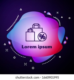 Purple line Shoping bag with an inscription percent discount icon isolated on blue background. Handbag sign. Abstract banner with liquid shapes. Vector Illustration