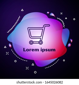 Purple line Shopping cart icon isolated on blue background. Online buying concept. Delivery service sign. Supermarket basket symbol. Abstract banner with liquid shapes. Vector Illustration